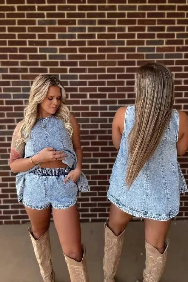 Washed Denim Sleeveless A-Line Tunic & Elastic Waist Shorts Set