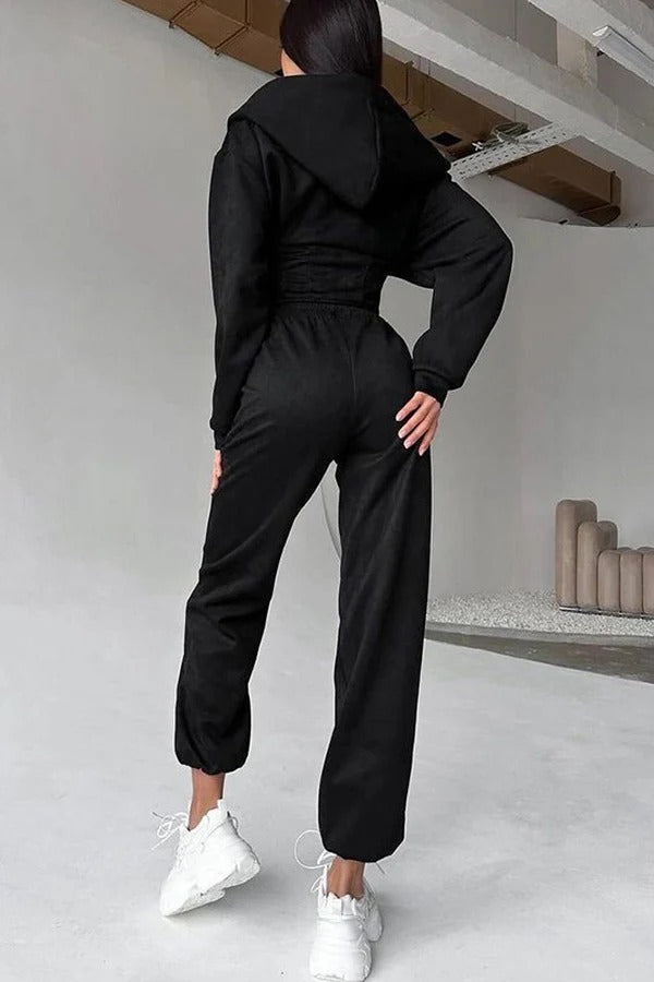 Solid Color Waist Corset Hooded Sweatshirt Jacket and Elastic Waist Athletic Jogger Pants Set