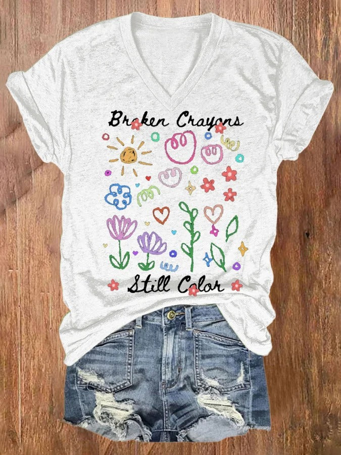 Women's Broken Crayons Still Color Mental Health Print V-Neck Short Sleeve T-Shirt
