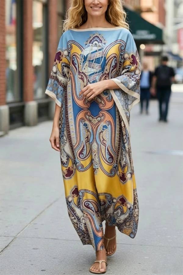 Luxury Vacation Satin Court-style Printed Batwing Sleeve Loose Kaftan Maxi Dress