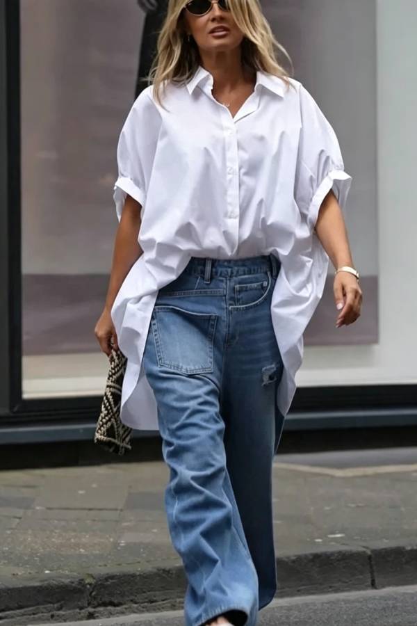 Tania Cotton Blend Button Up Wide Sleeve Oversized Long Shirt