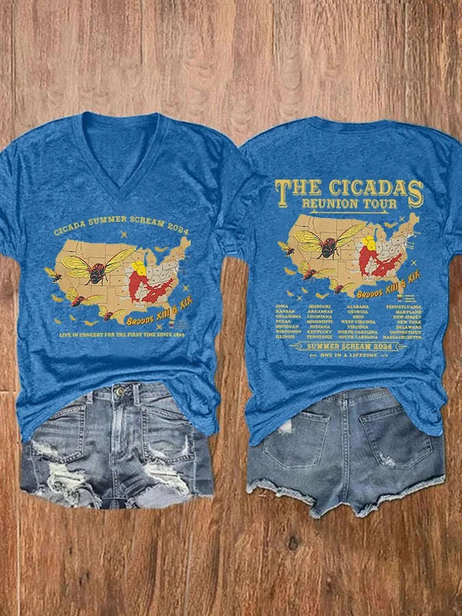 Women's Cicadas Summer Scream 2024 Print V Neck T-shirt