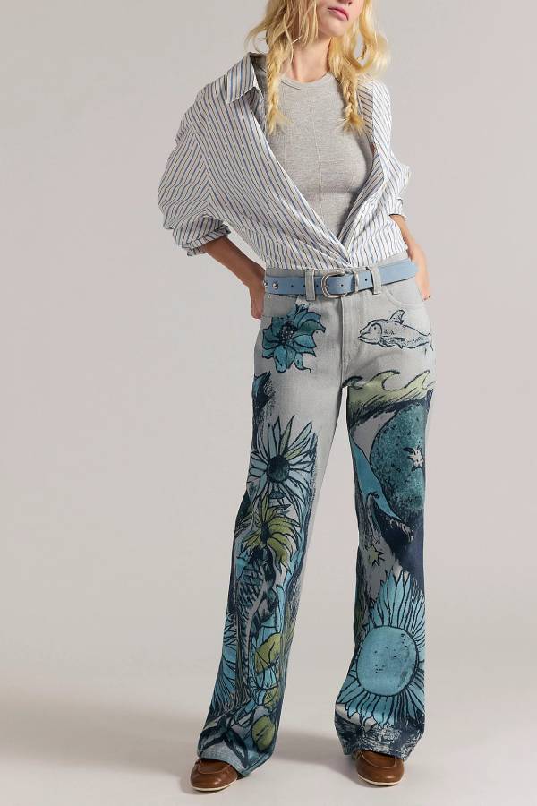 Vintage Art‑Print High‑Waist Flare Jeans