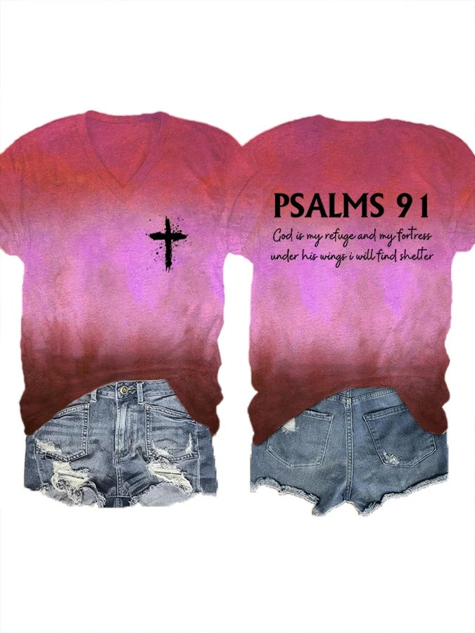 Women's Psalms 91 Bible Verse Printed V-Neck T-Shirt