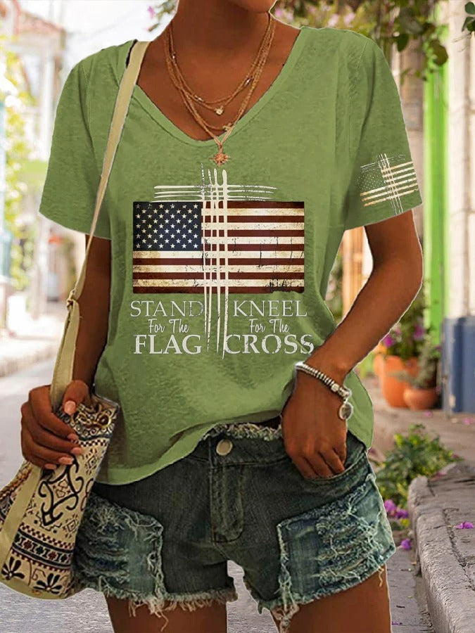 Women's Stand For The Flag Kneel For Cross Love USA Print T-shirt