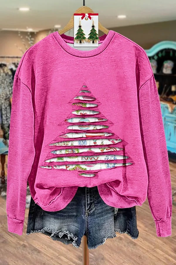 Christmas Ornaments Print Christmas Tree Applique Sweatshirt