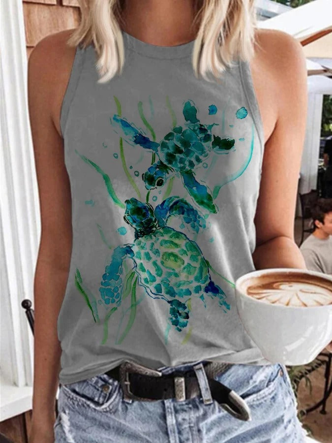 Women's Sea Turtle Print Beach Vacation Casual Tee