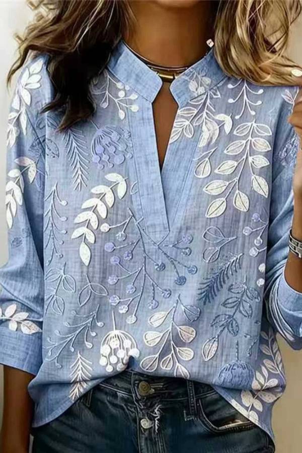 Floral Print Stand Collar Long Sleeve Blouse