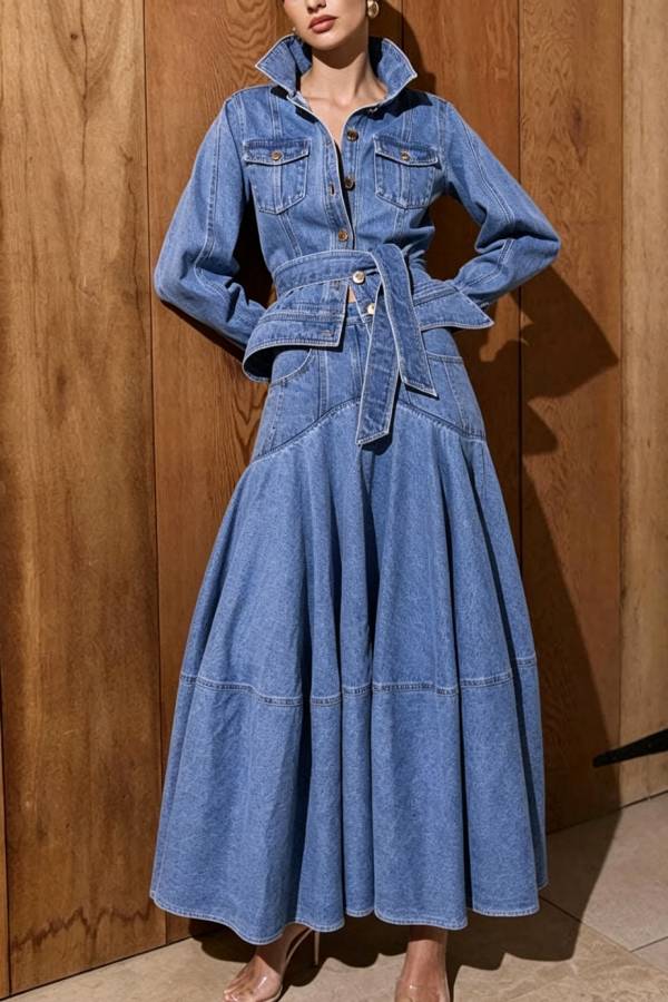 Isabella Denim High Rise Architectural Patchwork Design Pocket Voluminous A-line Maxi Skirt