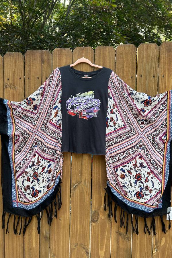 Harley Davidson Tassel Fringe Boho Patchwork Batwing Sleeve Crop Tee