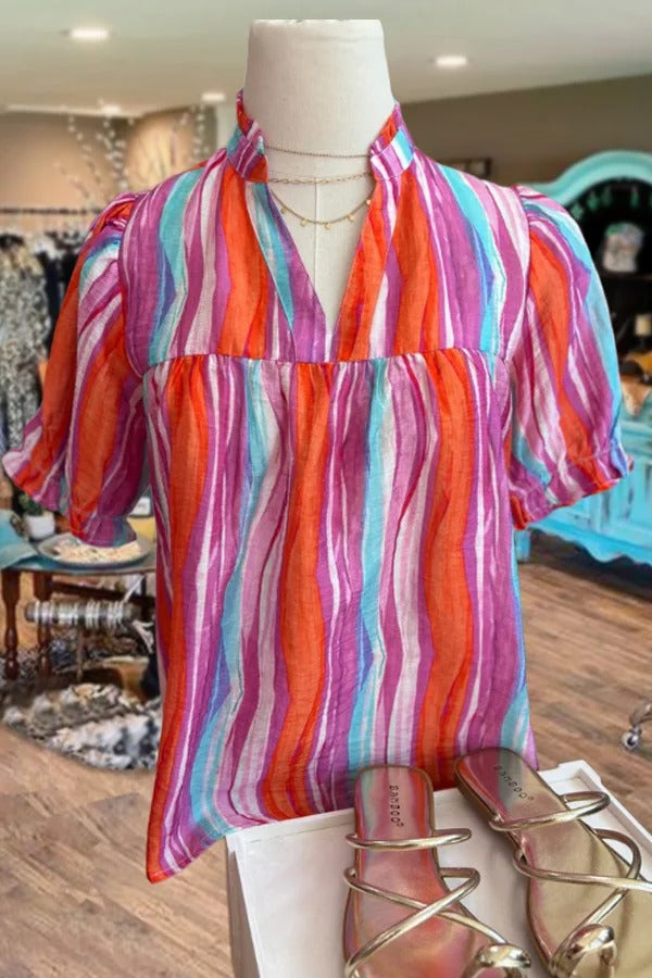 Colorful Striped V-Neck Puff Sleeve Top