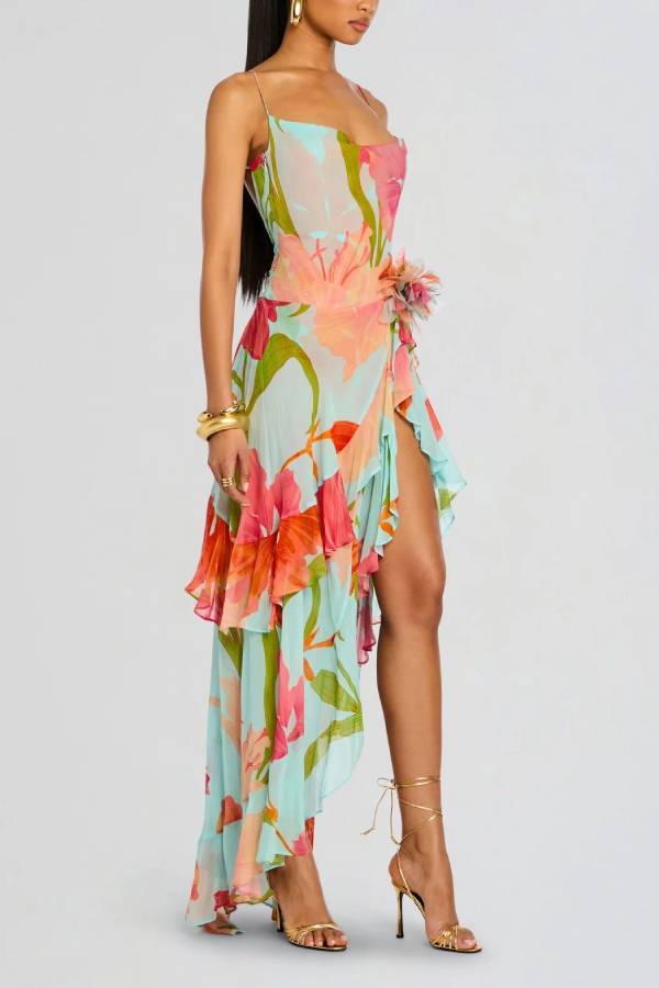 Vacation Floral Print Spaghetti Strap Backless Asymmetrical Ruffle Maxi Dress