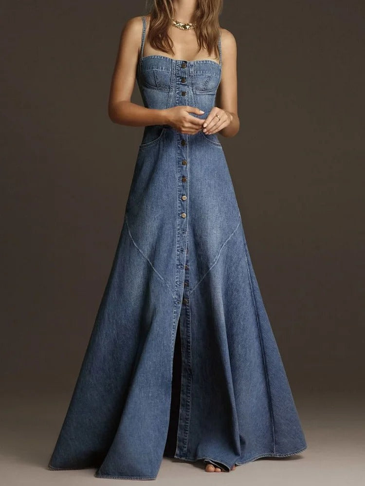 Vintage Plain Square Neck Button Denim Maxi Cami Dress