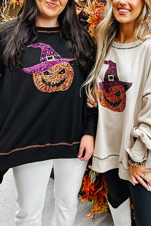 Oversized Sequin Pumpkin Reverse Seam Pullover