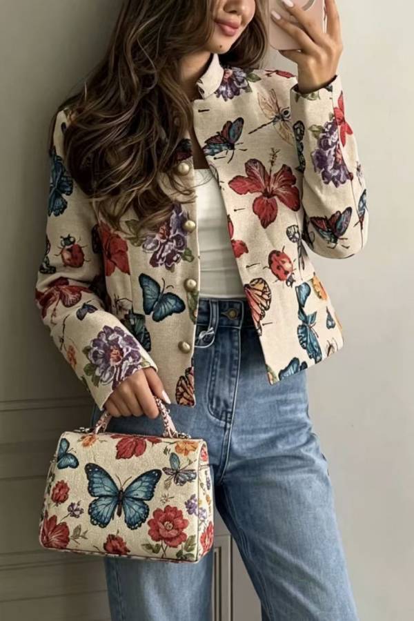 Vintage Printed Stand Collar Cropped Jacket