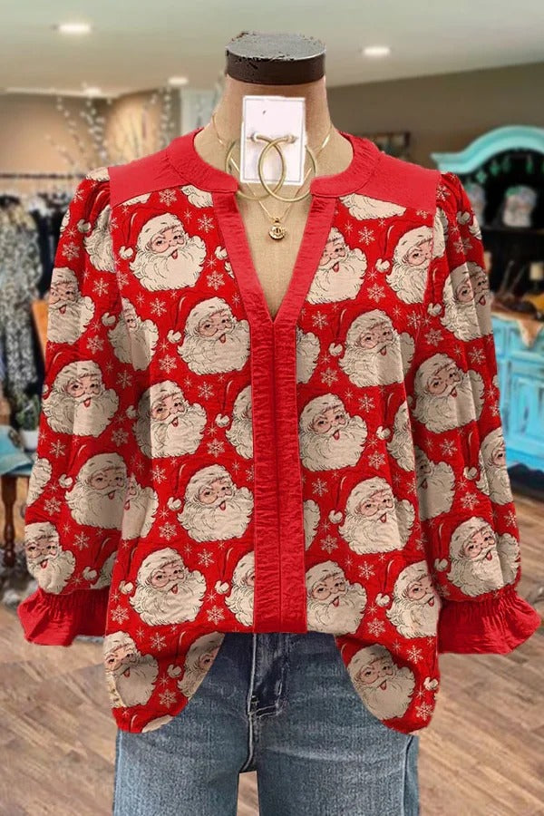 Christmas Santa Print V-Neck Cuff Sleeve Top