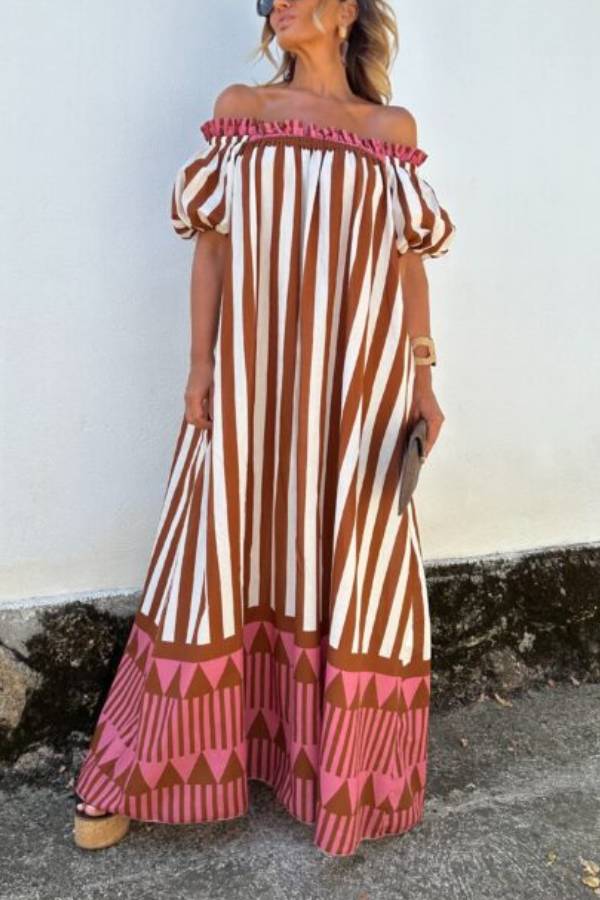 Off Shoulder Puff Sleeve Striped Geometric Print Loose Maxi Vacation Dress