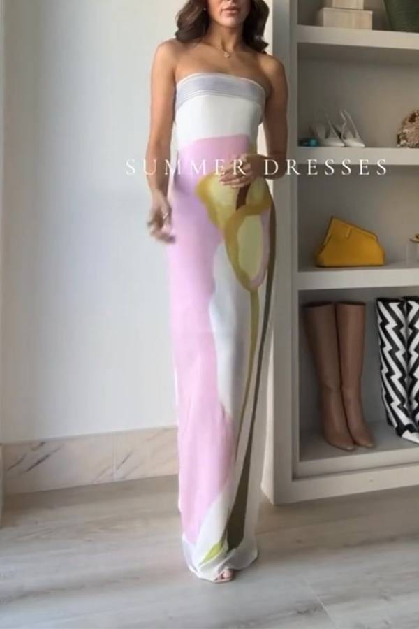Dalva Calla Lilies Print Pleated Metallic Fabric Patchwork Bandeau Loose Maxi Dress