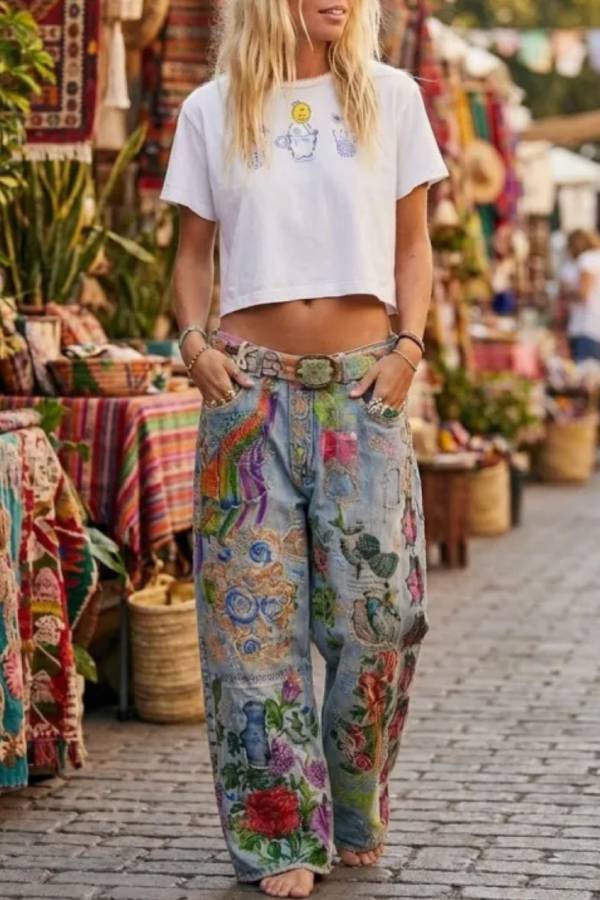 Boho Floral Bird Patch Distressed Wide Leg Washed Jeans High Waist Raw Hem Hippie Casual Trousers
