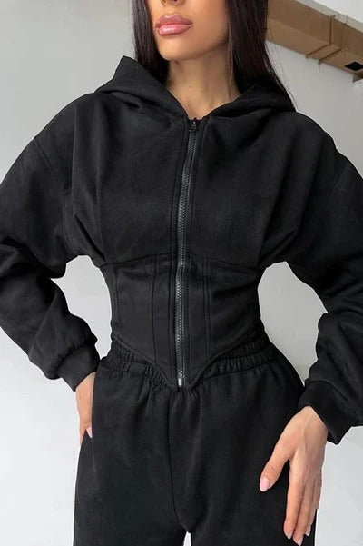 Solid Color Waist Corset Hooded Sweatshirt Jacket and Elastic Waist Athletic Jogger Pants Set
