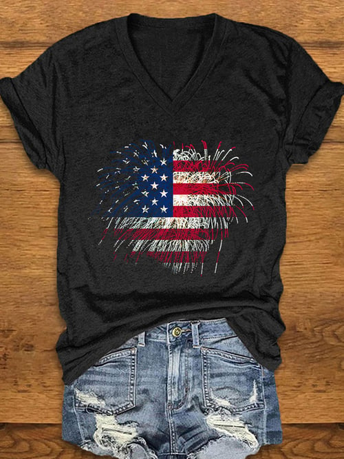 Women's Independence Day Fireworks Flag Print T-Shirt
