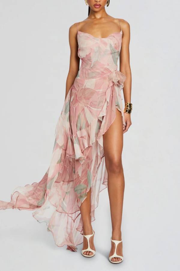 Vacation Floral Print Spaghetti Strap Backless Asymmetrical Ruffle Maxi Dress
