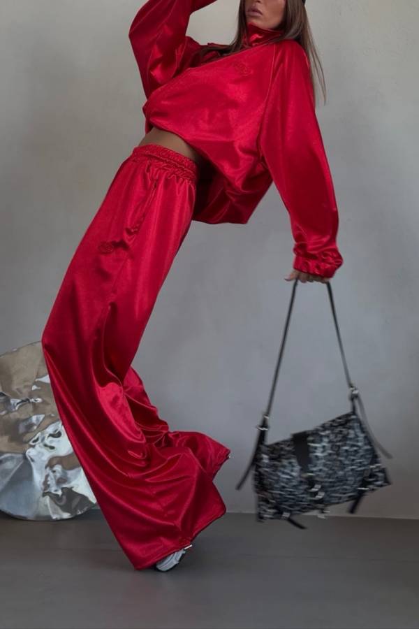 Shiny Satin Cropped Zip Jacket Wide Leg Track Pants Two Piece Y2K Casual Co-Ord Set