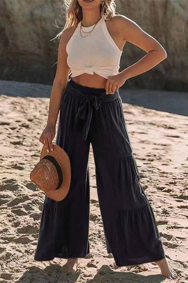 Waist Tie Multi-tier Ruffle Wide Leg Vacation Pants