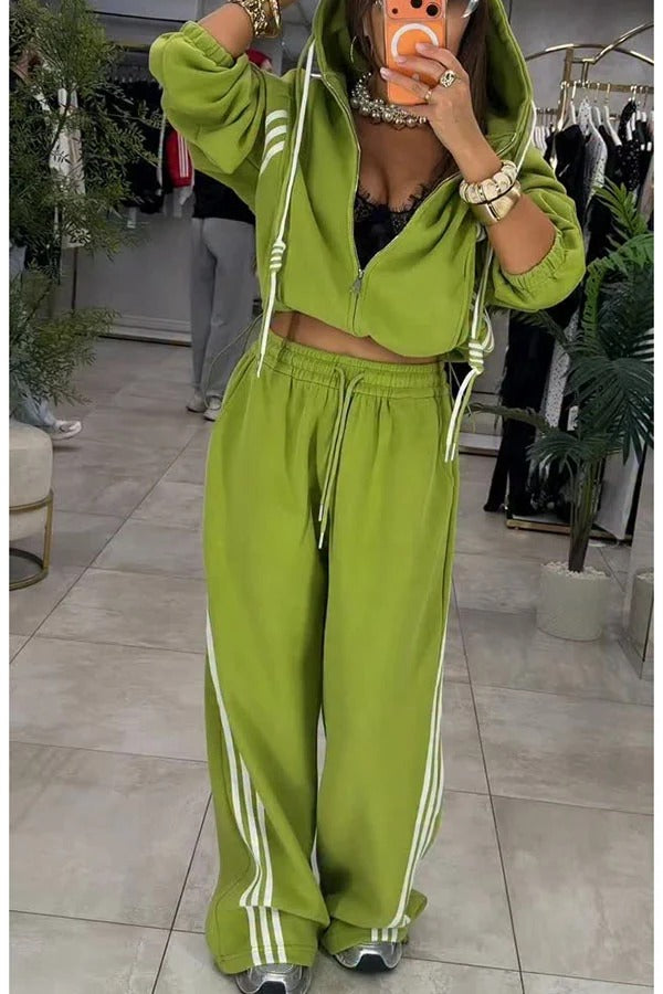 Fashionable Sporty Color-blocked Stripes Zip-up Hooded Sweatshirt and Elastic Waist Pocket Pants Set