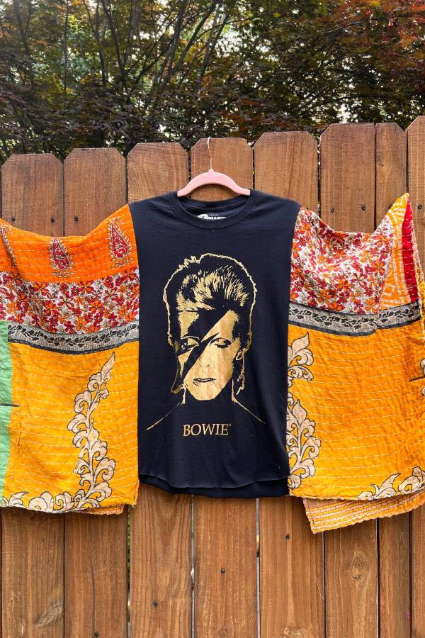 David Bowie Kantha Quilt Patchwork Batwing Sleeve T‑Shirt