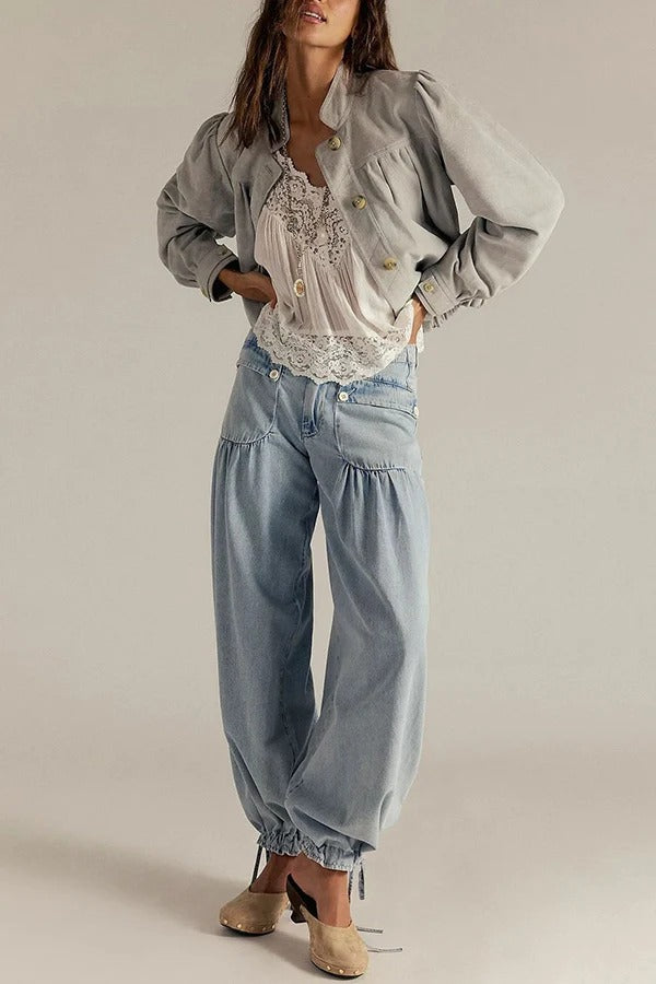 We The Free Denim Mid Rise Pocket Knotted Ankle Hem Lotus Balloon Jeans