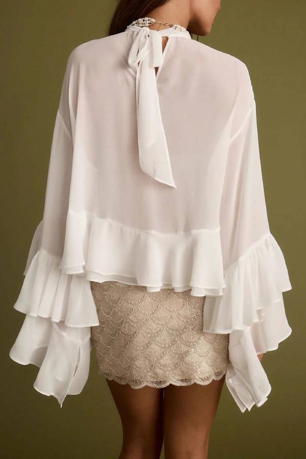 Sheer Chiffon Crop Top High Neck Tie Back Tiered Ruffle Bell Sleeve Blouse