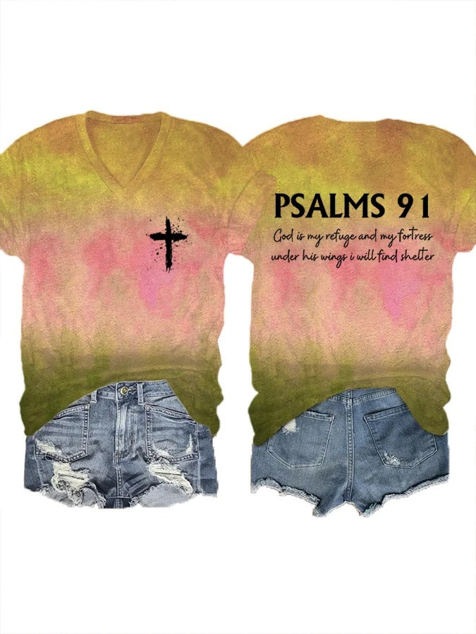 Women's Psalms 91 Bible Verse Printed V-Neck T-Shirt