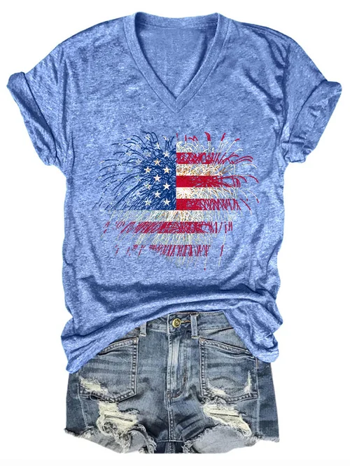 Women's Independence Day Fireworks Flag Print T-Shirt