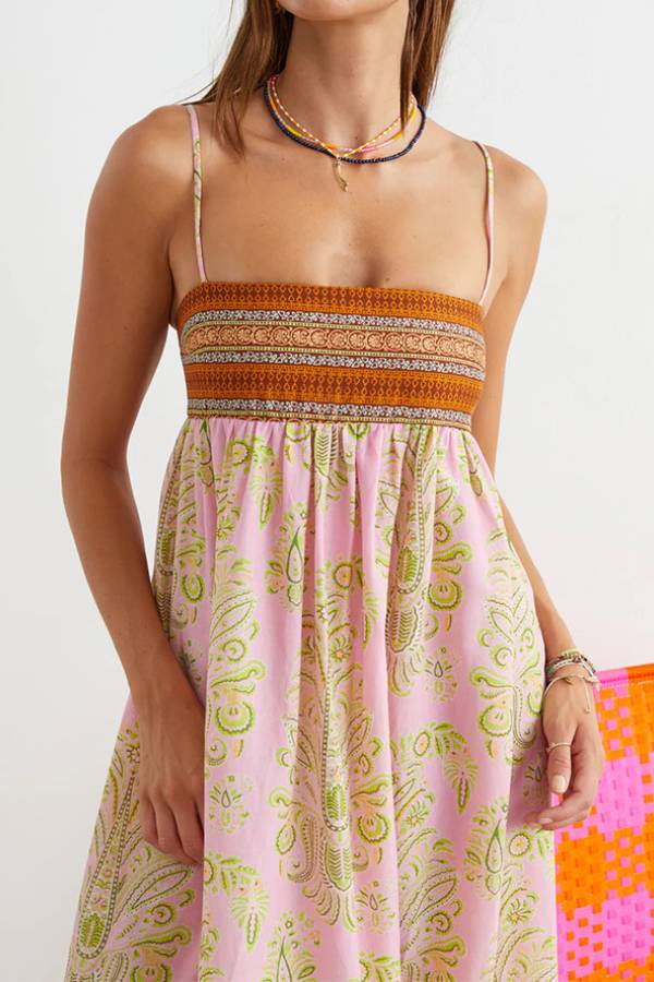 Boho Paisley Print Smocked Bandeau Spaghetti Strap High Waist Maxi Dress