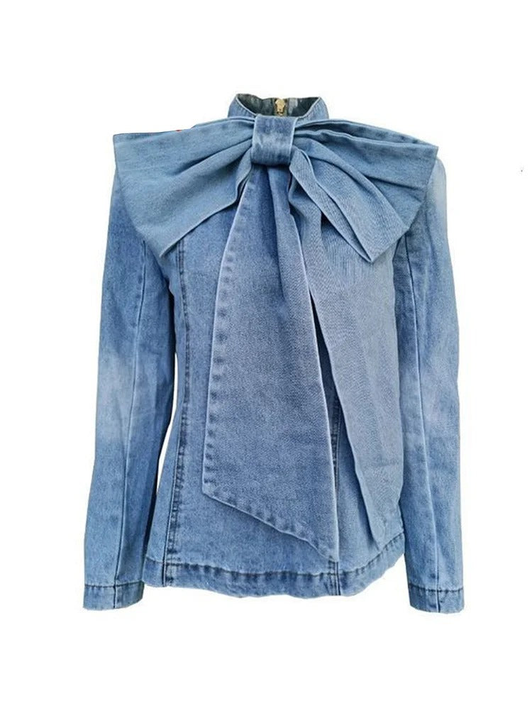 Casual Plain Denim Stand Collar Long Sleeve Bow Blouse