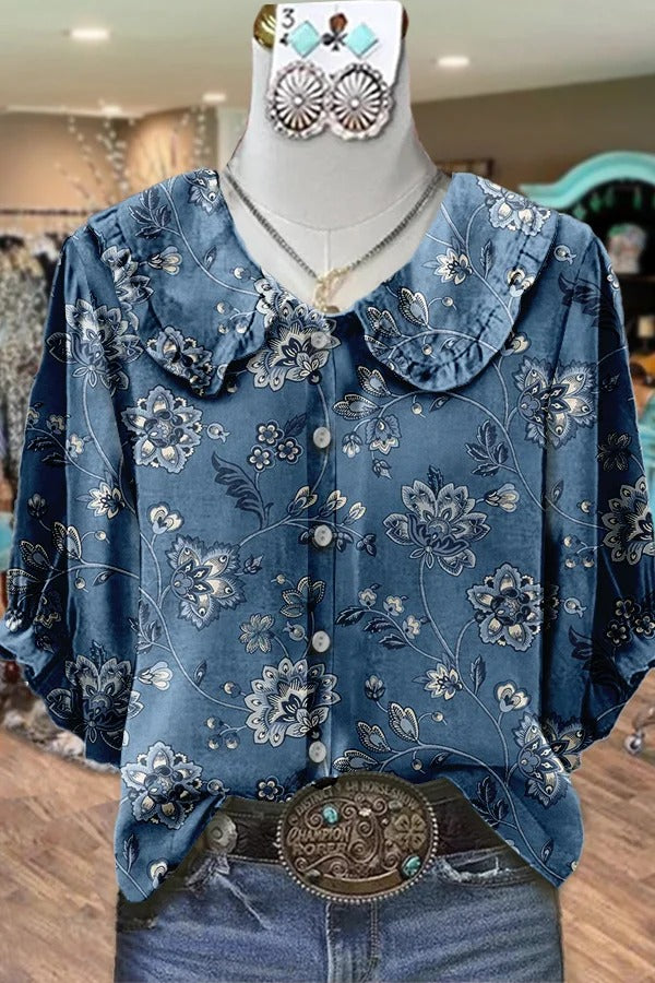 Vintage Floral Print Peter Pan Collar Top