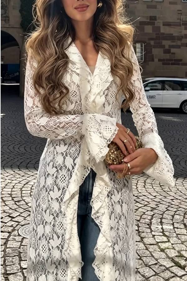 Vivianna Floral Lace Ruffles Trim Long Bell Sleeve Lapel Maxi Dress