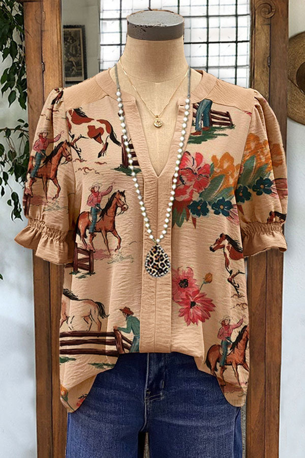 Floral Mix Donkey Print Panel V-neck Top