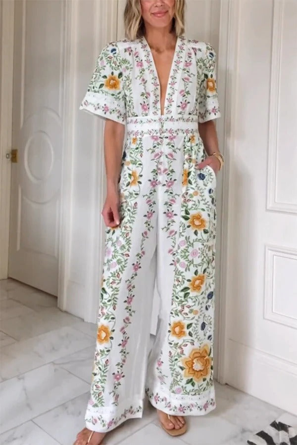 Natural Charm Linen Blend Floral Print Short Sleeve Pocketed Wide Leg Jumpsuit