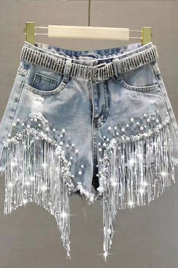 Rhinestone Waistband Pearl Sequin Fringe Distressed Denim Hot Pants High Waist Y2K Shorts