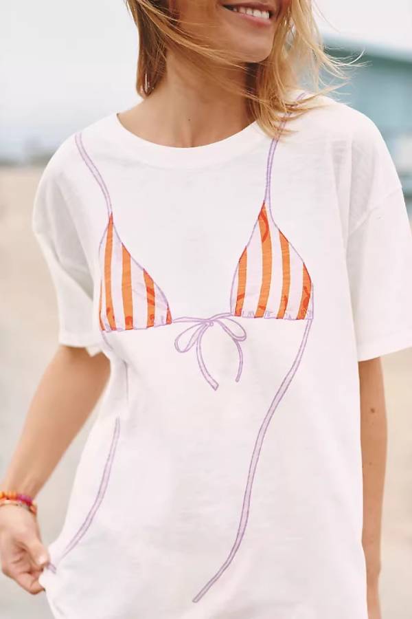 Fake Two-Piece Bikini Print Oversized Drop Shoulder T-Shirt Beach Cover Up