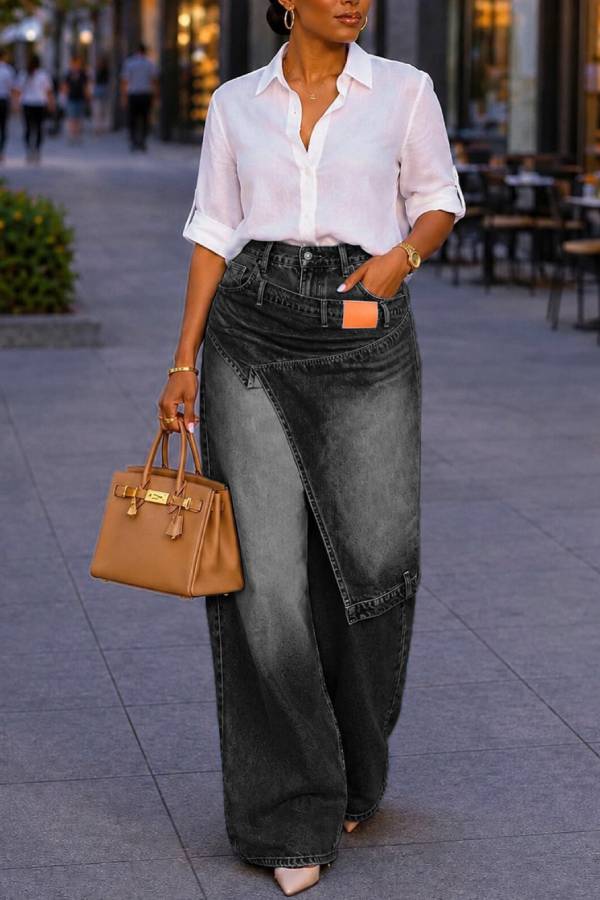 Faux‑Two‑Piece Wrap Patchwork Denim Wide‑Leg Pants