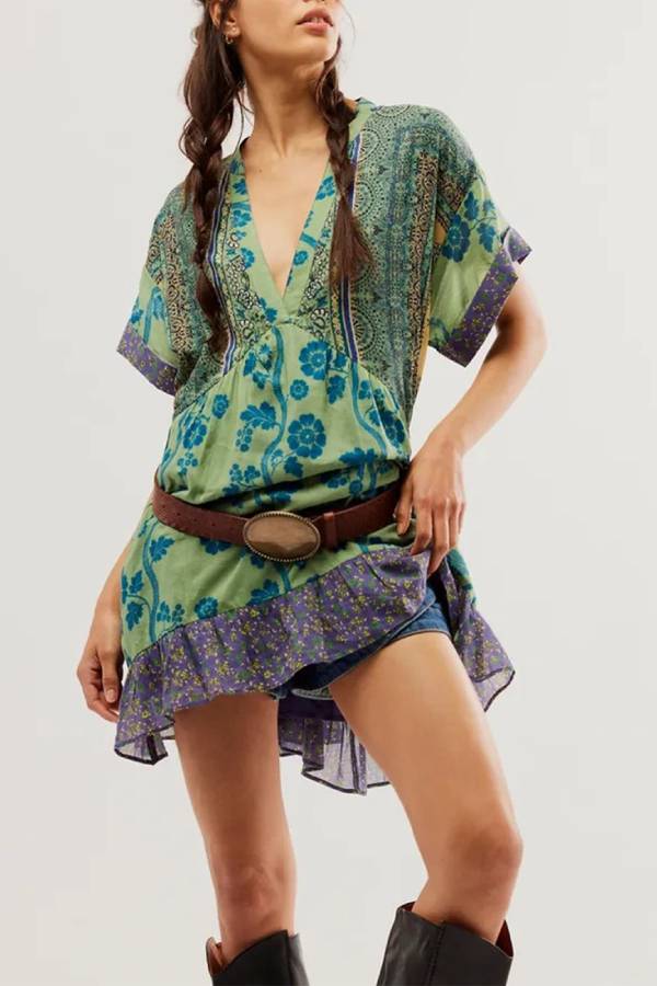 Multi-Print V-Neck Ruffle Loose Bohemian Mini Dress