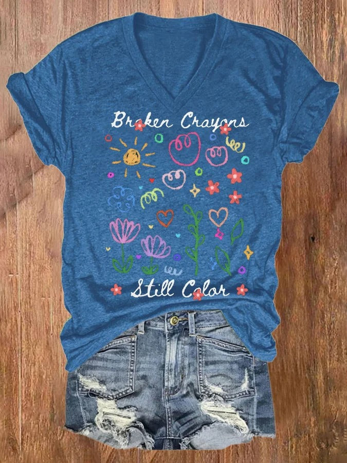 Women's Broken Crayons Still Color Mental Health Print V-Neck Short Sleeve T-Shirt