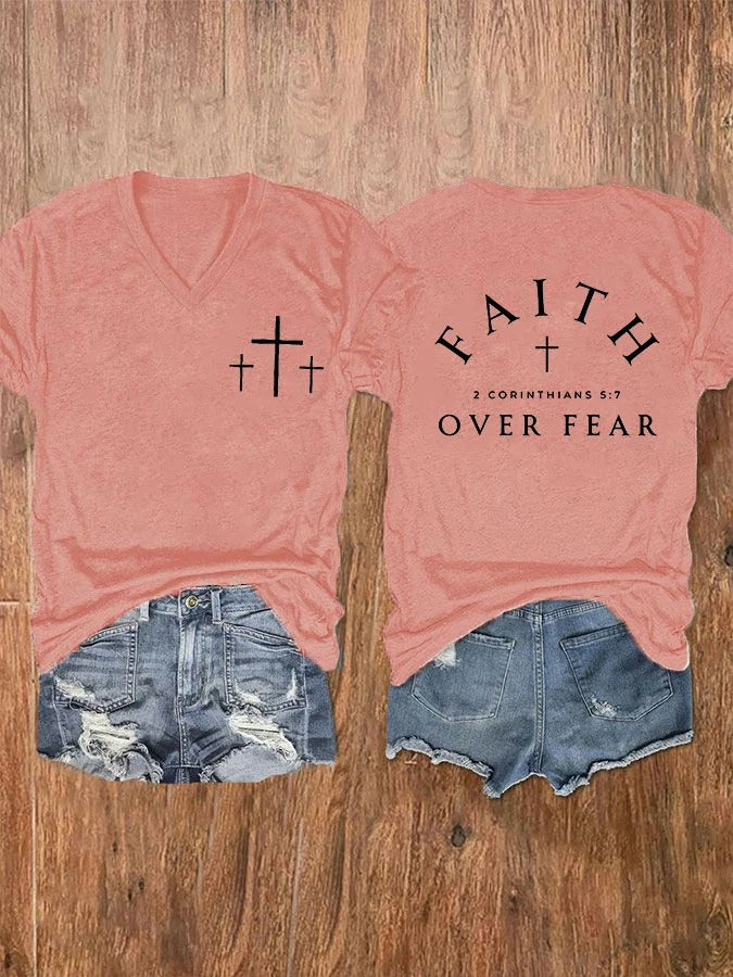 Women's Faith Over Fear Cross Print V-Neck T-Shirt