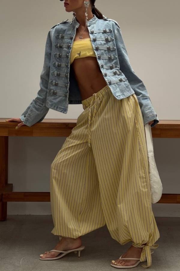 Vintage Military‑Style Button‑Up Cropped Denim Jacket