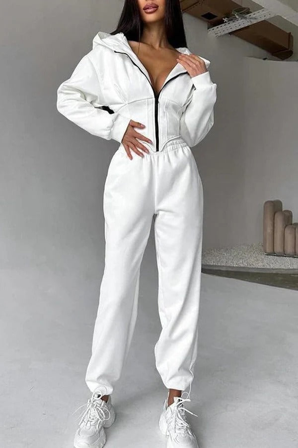 Solid Color Waist Corset Hooded Sweatshirt Jacket and Elastic Waist Athletic Jogger Pants Set