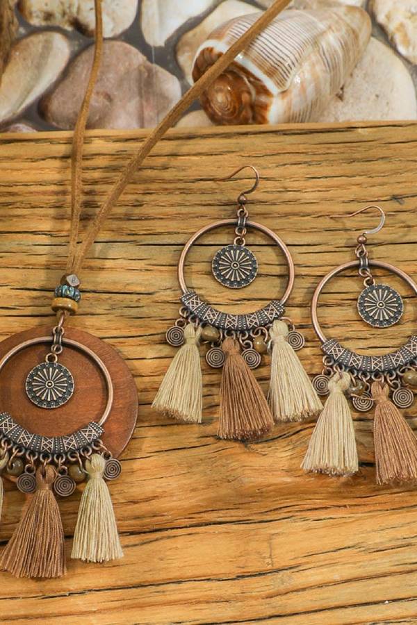 Vintage Distressed Bohemian Tassel Necklace Earrings Set