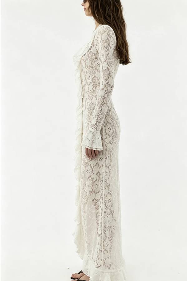 Vivianna Floral Lace Ruffles Trim Long Bell Sleeve Lapel Maxi Dress